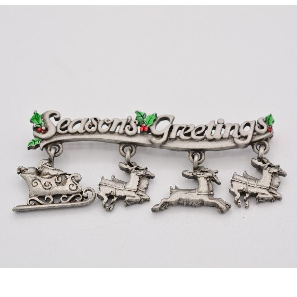 JJ Vintage Season Greetings Pin Brooch Christmas Reindeer Santa Signed NOS BinAQ